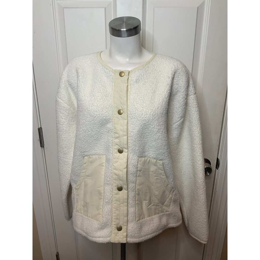 J. Crew White Fuzzy Fleece Button-Up Jacket W/ Cream Trim, Size XL